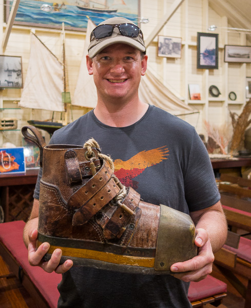 These boots, made of lead, brass, and wood, weighed up to 34 pounds each!