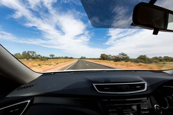 The view from our rental car on the drive between Alice Springs and Uluru. 