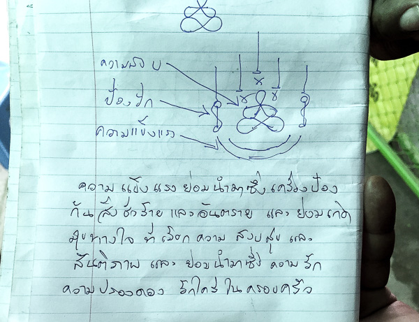 This is what the Ajarn was jotting down while I was talking. The below text is the Thai translation for the Bali Sanscrit verse that makes up the base of the tattoo.