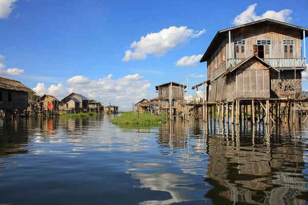 A community of traditional stilt houses in Inle Lake, Myanmar.