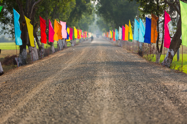 Lush greenery and blue skies are typically complemented by colorful clothing, buildings, and places of worship. These flags were lining the road to a new temple outside Kampong Chhnang, Cambodia. 