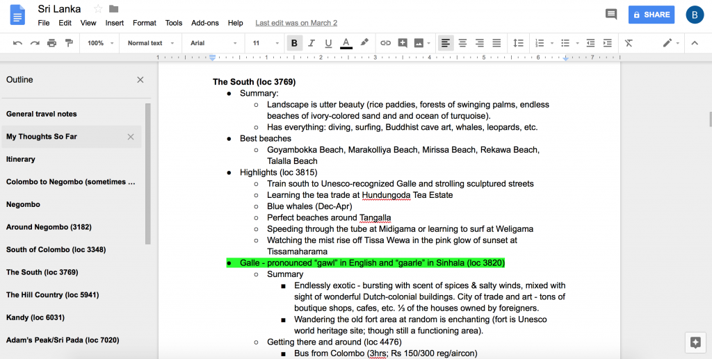 Here is a screen shot from our latest idea document for Sri Lanka. You will notice that it is sorted by location, which creates a sort of table of contents on the left which makes for easy navigation of the document. 