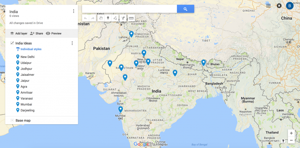 Here was the beginning of our map for India. We knew India was going to require several trips since it is such a huge country, so we had already narrowed our focus down to the north. These are the stops we wanted to be sure to visit. 