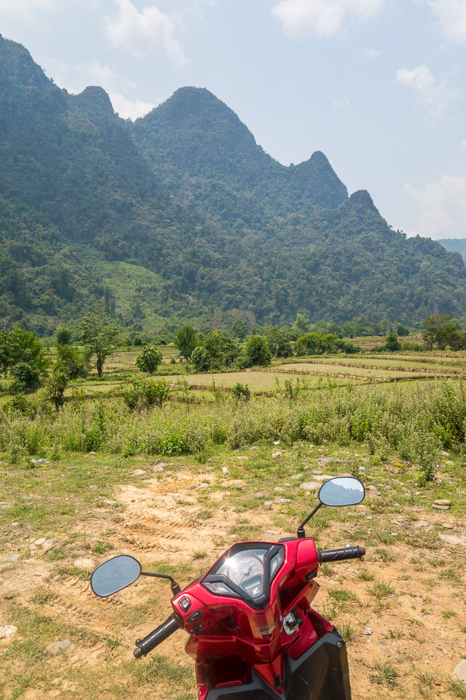 We used motos to travel through the countryside outside of Vang Vieng in Laos. 